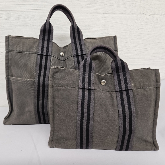 Hermes Canvas Fourre Tout Holdall MM and GM Tote Bag Set in Gray and Black - Picture 1 of 15